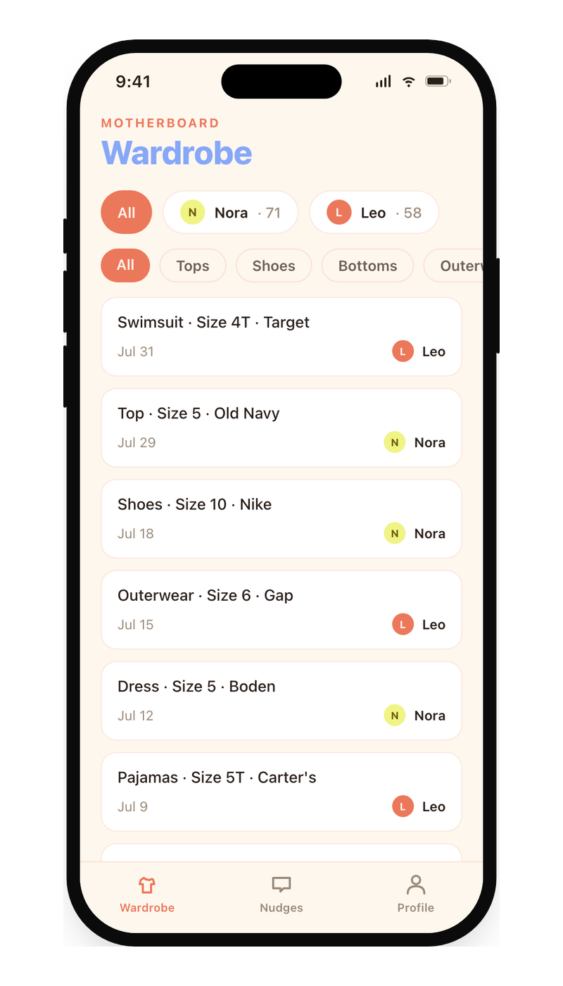 Motherboard app — Wardrobe screen with filters for kid and category