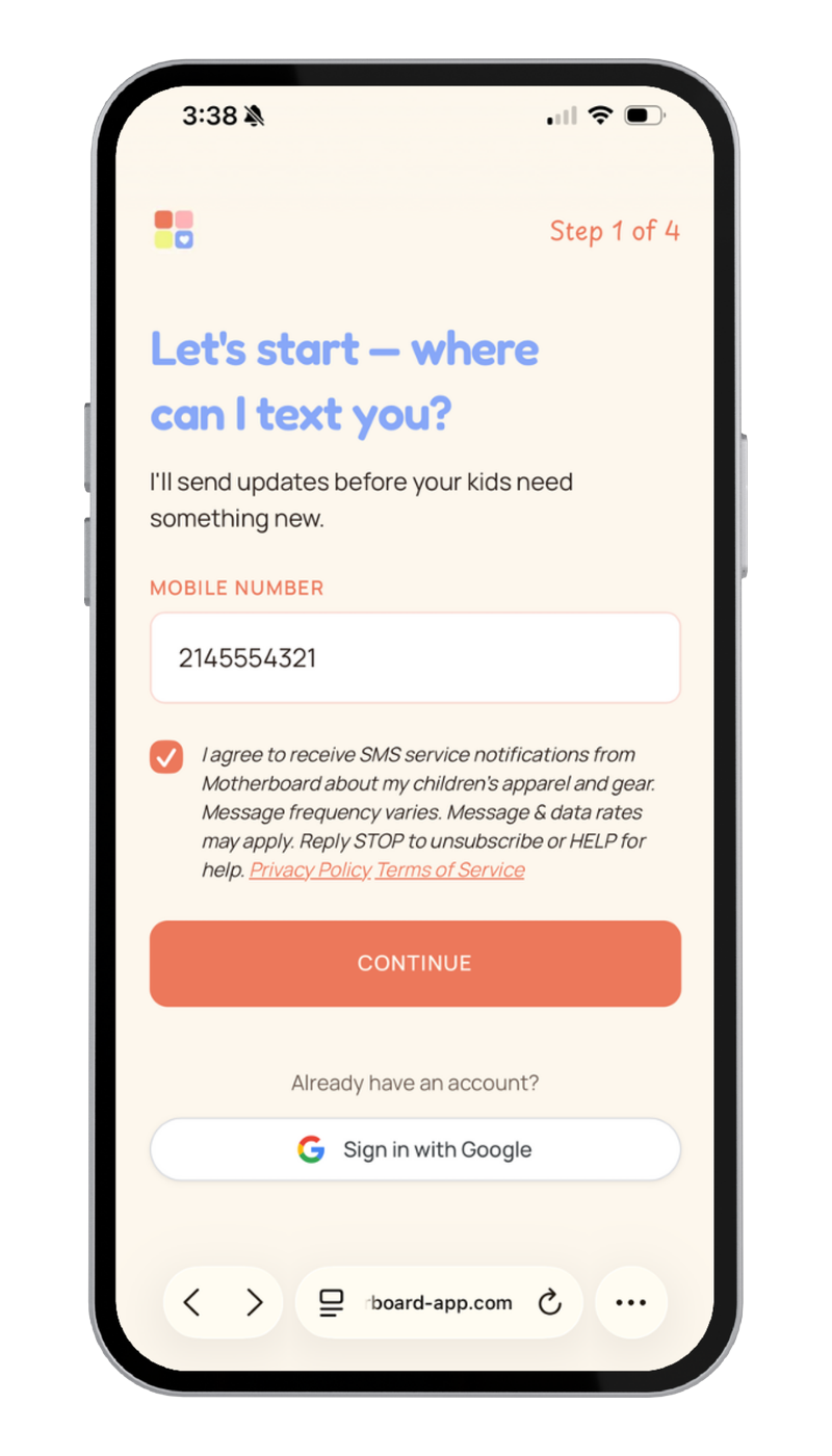 Screen 1 — enter your phone number