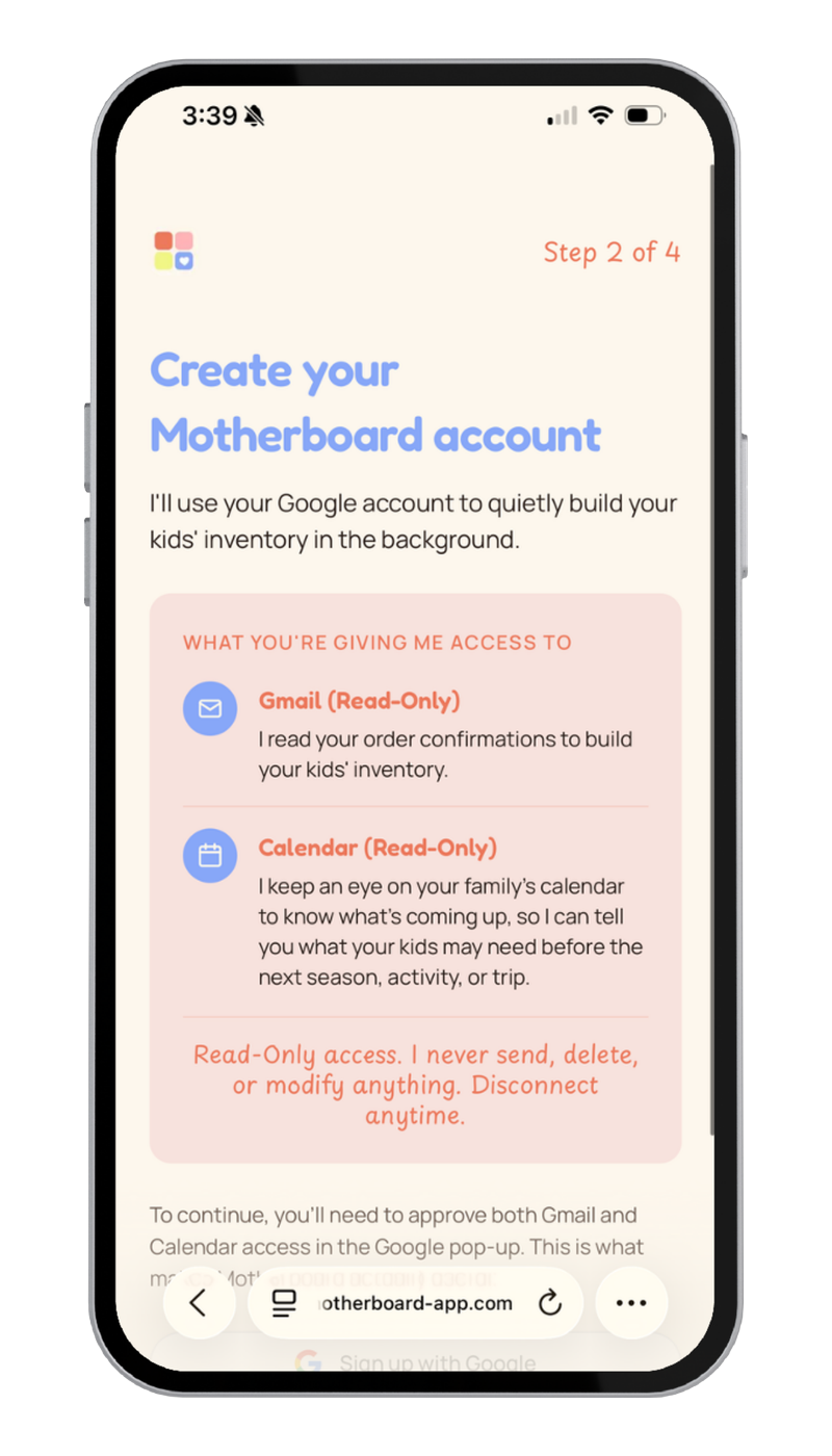 Screen 2 — connect Gmail with read-only access