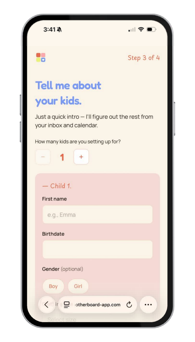 Screen 3 — tell Motherboard about your kids